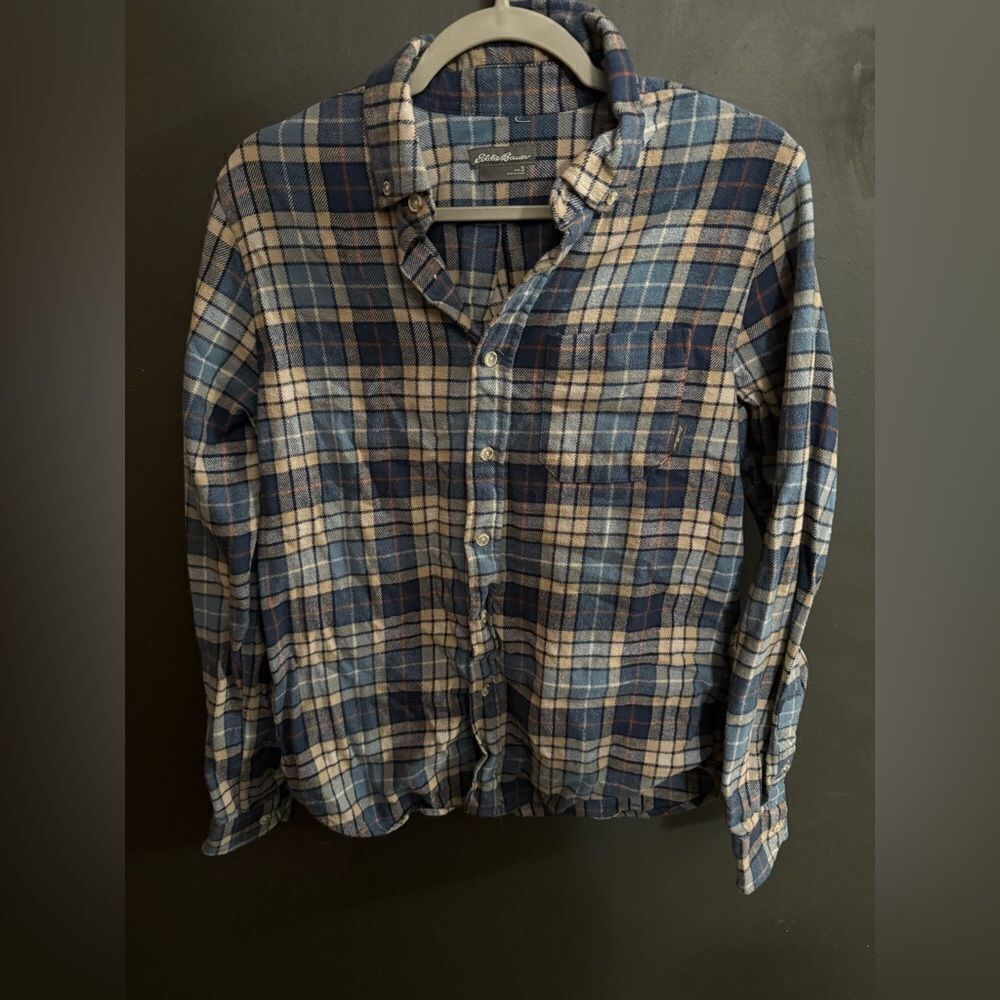 Eddie Bauer Men's Everyday Flex Flannel Shirt Regular Fit Plaid Blue Yellow Sz S